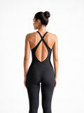 Kadın Siyah Sırt Dekolteli Çapraz Askılı Dar Kesim Toparlayıcı Yoga Pilates Tayt Spor Tulum
