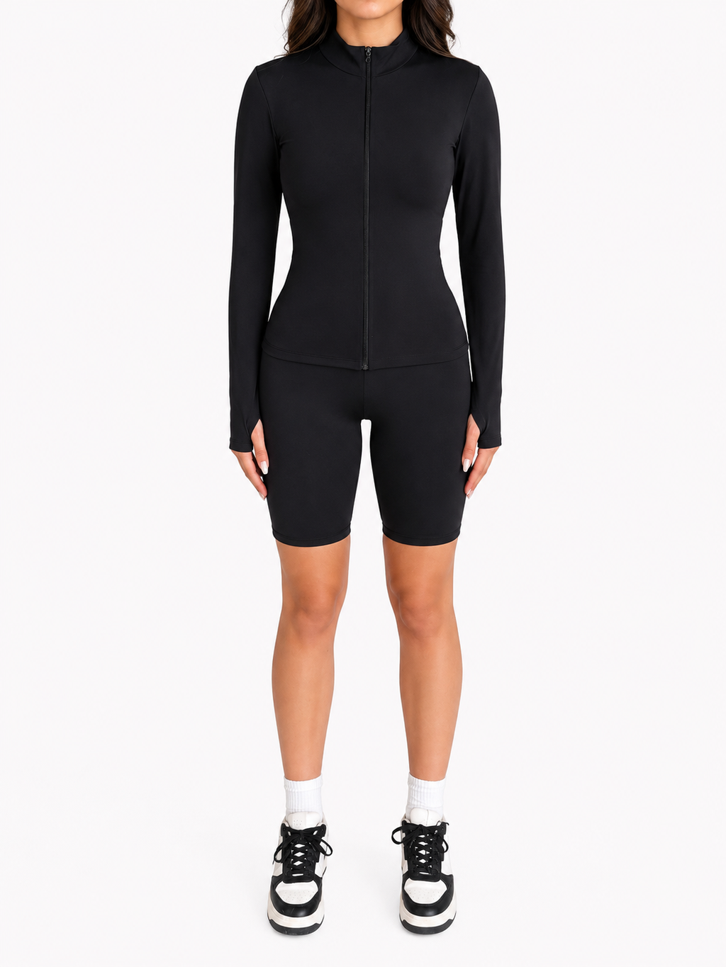 Kadın Siyah Renk Fermuarlı Dik Yaka Bilek Detaylı Spor Ceket