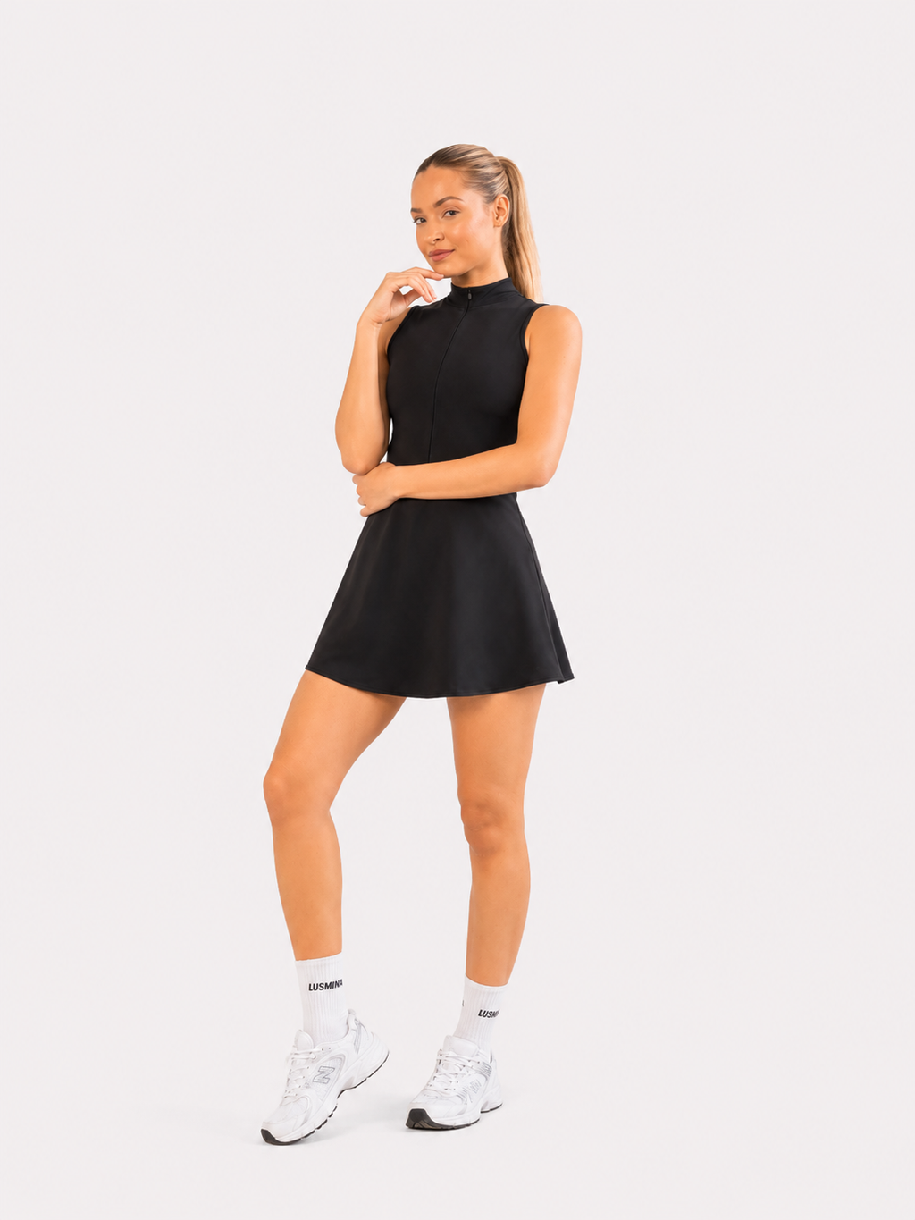 Kadın Siyah Fermuarlı Şort Etekli Spor Tulum Tenis Tulum