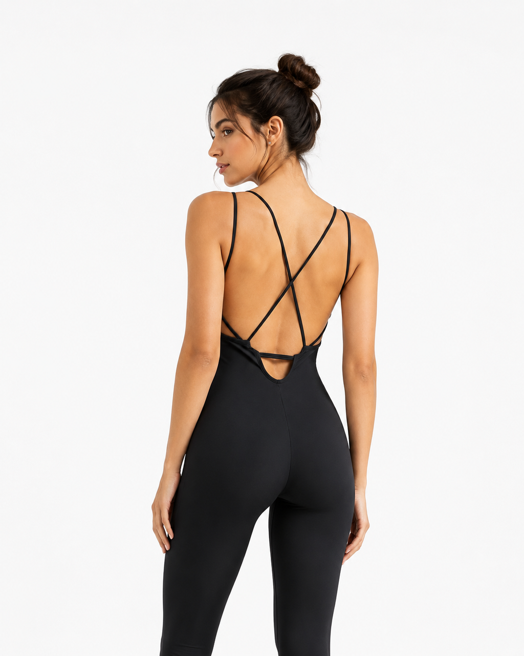 Kadın Siyah Sırt Dekolteli Çapraz Bant Askılı Dar Kesim Toparlayıcı Yoga Pilates Tayt Spor Tulum