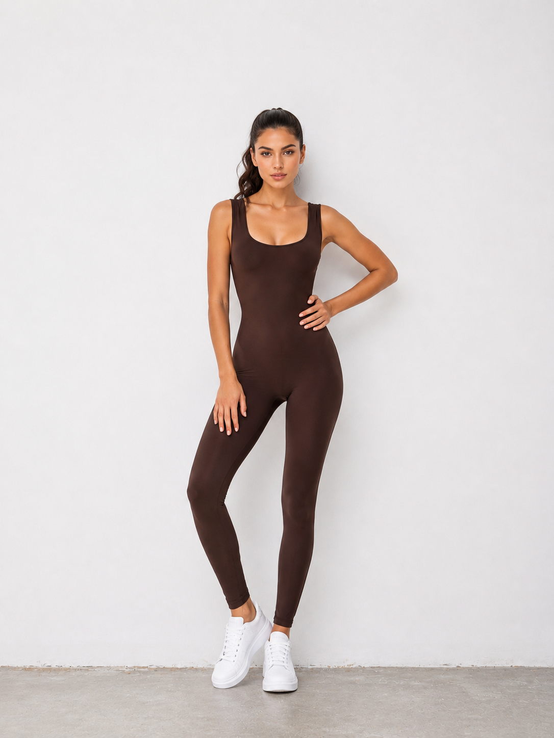 Kadın Kahverengi Arkası Büzgülü ( Scrunch Butt ) Spor Tayt Tulum