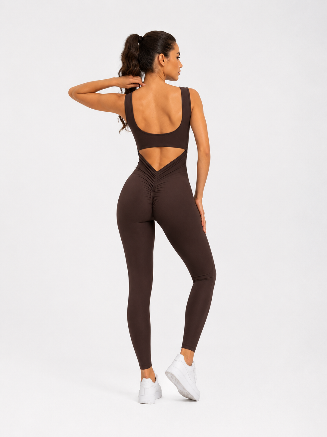 Kadın Kahverengi Arkası Büzgülü ( Scrunch Butt ) Spor Tayt Tulum