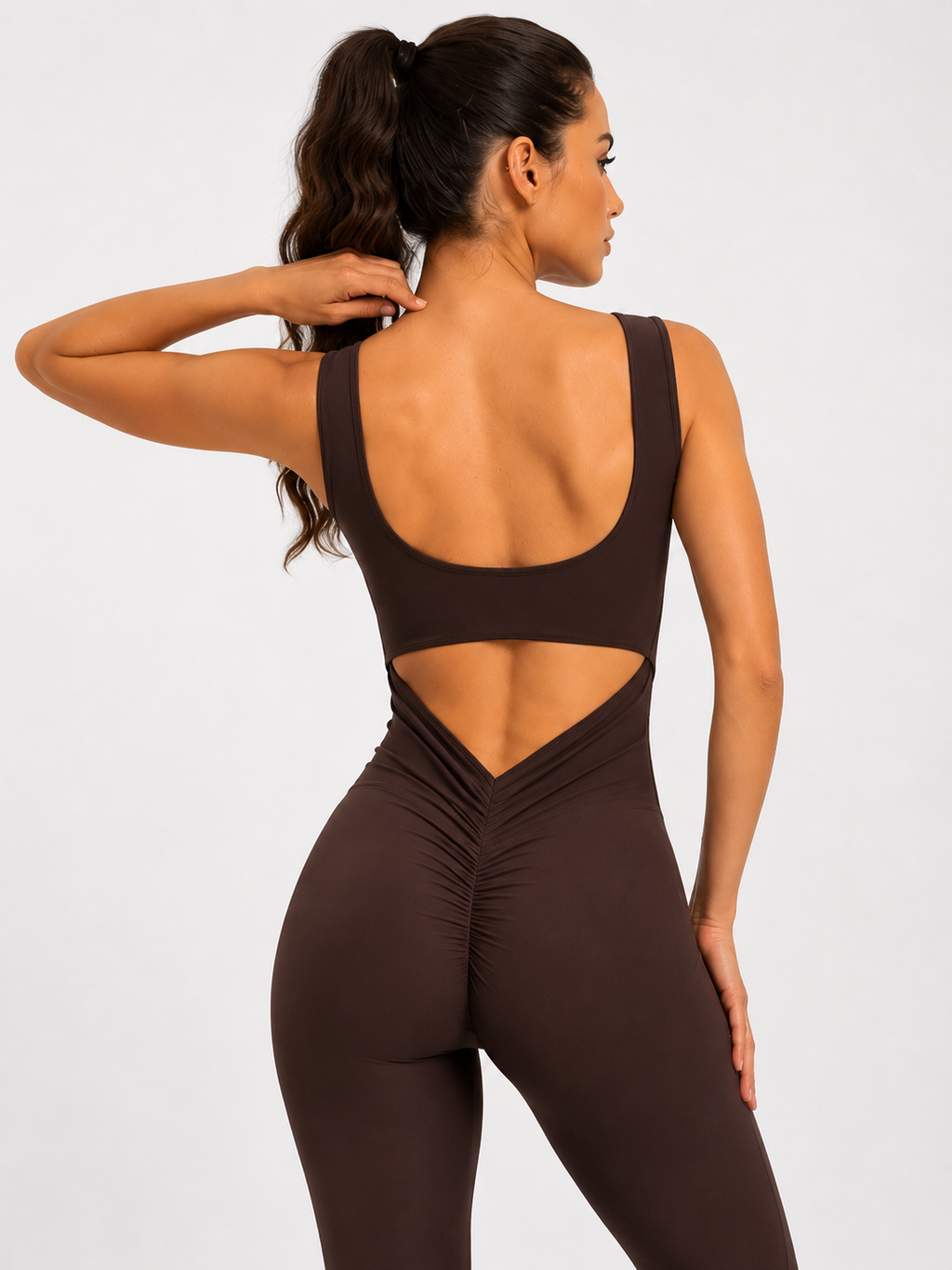 Kadın Kahverengi Arkası Büzgülü ( Scrunch Butt ) Spor Tayt Tulum