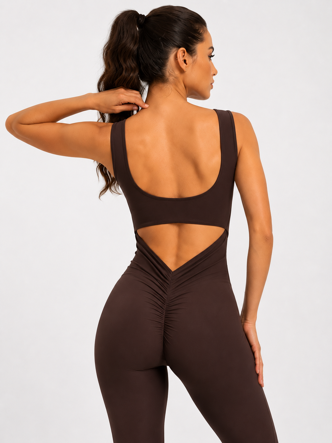 Kadın Kahverengi Arkası Büzgülü ( Scrunch Butt ) Spor Tayt Tulum