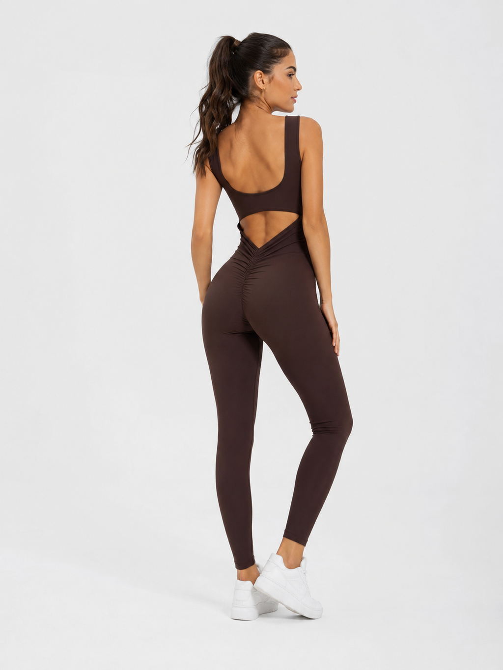 Kadın Kahverengi Arkası Büzgülü ( Scrunch Butt ) Spor Tayt Tulum