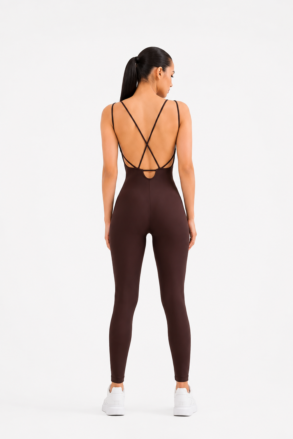 Kadın Kahverengi Sırt Dekolteli Çapraz Bant Askılı Dar Kesim Toparlayıcı Yoga Pilates Tayt Spor Tulum