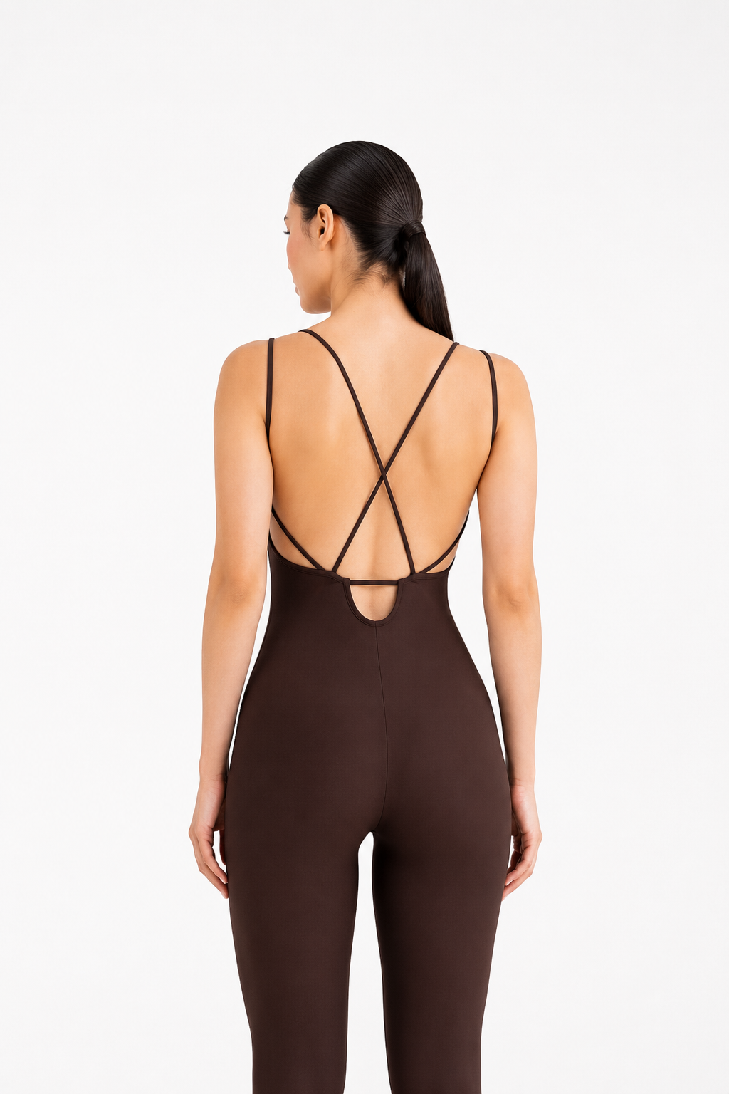 Kadın Kahverengi Sırt Dekolteli Çapraz Bant Askılı Dar Kesim Toparlayıcı Yoga Pilates Tayt Spor Tulum