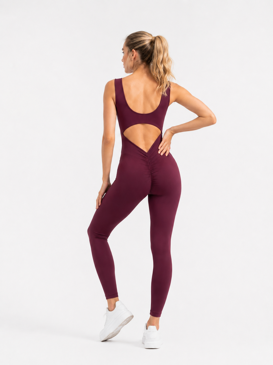 Kadın Bordo Arkası Büzgülü ( Scrunch Butt ) Spor Tayt Tulum