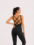 Kadın Siyah Renk Dar Kesim Çapraz Bant Askılı Yoga Pilates Tulumu Spor Tayt Sırt Dekolteli