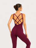 Kadın Bordo Renk Dar Kesim Çapraz Bant Toparlayıcı Yoga Pilates Tulumu Spor Tayt Sırt Dekolteli