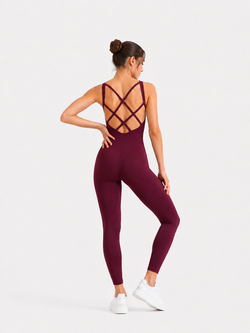 Kadın Bordo Renk Dar Kesim Çapraz Bant Toparlayıcı Yoga Pilates Tulumu Spor Tayt Sırt Dekolteli